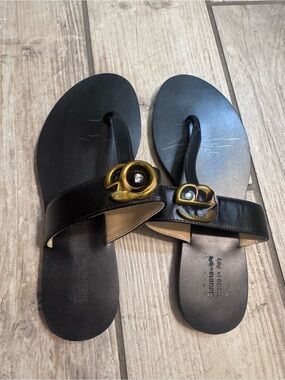 Black Leather Slide Sandals with Gold  Accent
